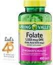 Folate 1,333 mcg. Spring Valley Folate Integratore alimentare, 1,333 mcg DFE, 400 conte, Folate Supplemento per la gravidanza delle donne, Folic Acid 800 Bundle con Luall 45 Diabete Decoded