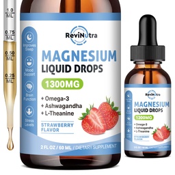 Triple Magnesium Complex Liquid Drops, 1300mg Magnesium Glycinate, Taurate & Citrate con Omega3, L-teanina, Ashwagandha, Potassium, D3, B6, B12 per calma, sonno, muscolo, aroma di fragola, 2 Fl OZ