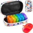 Serfeymi Organizzatore di viaggio settimanale 2 volte al giorno AM Aggiornato Rainbow Pill Box 7 giorno con custodia portatile della pellame della tela della cerniera, organizzatore di medicina per le pillole, vitamine, oli di pesce - Bloom 01