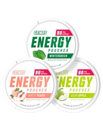 Cuscinetti Energy Pouches - Natural Caffeine Pouches - Contiene B-Vitamins, Sugar-Free, & 0 Calorie - 80mg di caffeina in ogni busta - Wintergreen, Peach, & Sour Apple - 3 Pack, 15 Pouches per Can