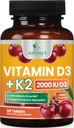 Vitamina D 2000 IU 50mcg Per Tablet - Vitamine D3 & K2 (MK7) Supplemento complesso per ossa, denti, muscolo, assorbimento di calcio, Supporti Immune & Heart Health, Chewable Formula USA Bottigliato - 60 compresse