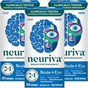 NEURIVA Brain + Eye Supplemento per Memoria, Focus & Concentrazione con Luteina clinicamente testata e Zeaxanthin, Vitamine A C & E + Zinc per la salute degli occhi & Filtro Blu Luce 30 Conta capsule (3 Pack)