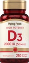 Piping Rock Vitamin D3 2000 IU | 250 Softgels | Alta potenza | Cholecalciferol Supplemento | Non-GMO, Gluten Free