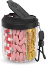 Dispenser di pedaggio con 7 grandi scomparti, organizzatore di bottiglie di pedaggio 4,4" H x 3.6" Dia per il viaggio, organizzatore di supplemento con progettazione anti-mixing, contenitore di vendita senza BPA con 20 etichette Pcs, nero