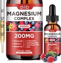 Supplemento Triple Magnesium Complex, Magnesio Glycinate, treonato, Citrate Liquid Drops 200mg con Ashwagandha, CoQ10, Vitamina B6, C, D, Zinc - Vegan Mix Berry Flavor