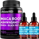 4-in-1 Liquid Biotin Collagen Keratin Saw Palmetto Gocce (2 fl oz - 2 Pack) & 6-in-1 Maca Root Ashwagandha w Black Pepper Fruit (120ct) Bundle - Hair, Skin, Nails, Energy & Mood Support Supplemento