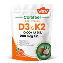 VEV Corefeel Vitamina D3 K2, 10.000 IU D3, 200mcg K2 (con MK7), Supporta la salute dei denti e dei denti, Dual Nutrient Support for Daily Wellness, Easy to Swallow – 300 Capsule