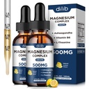 (2 Confezione) Magnesio Glycinate, Citrato, Malate Liquid Drops-Triple Magnesium Complex Supplemento 500mg con Ashwagandha, L-teanina, Vitamina B6-Support Calm, Stress Relief, Sonno, Muscolo-Lemon Flavor