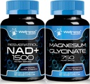 Magnesio Glycinate Capsule - 750mg - Magnesio Supplemento Alto Assorbimento Supplemento NAD, 1500mg - Liposomal NAD+ Integratore con Resveratrolo