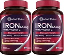 Supplemento di ferro di ricette del medico 65 mg con vitamina C - Assorbimento massimizzato & Stomach amichevole Pillole di ferro per la formazione di globuli rossi, cuore, cervello e salute dell'immunità - Vegan 120 Tabs (Pack of 2)