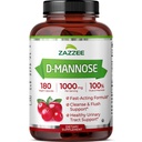 Zazzee D-Mannose, 1000 mg per porzione, 180 capsule vegane, 3 mesi di fornitura, Potent & Fast-Acting, Kosher certificato, 100% puro, All-Natural Urinary Tract Health Support, 100% Vegetariano, Non OGM