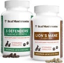 Real Mushrooms 5 Difensori per gli animali (90ct) e Lions Mane per gli animali (120ct) - Bundle per la forza immunitaria & Cognizione - Vegan, Non OGM, Gluten-Free, Grain-Free Mushroom Pet Supplements