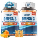 Vegan Omega 3 Gummies 1280mg + Vitamina D3 K2 (MK7), Omega 3 Fish Oil Alternative per gli adulti, w/Algae EPA 600mg & DHA 400mg, MCT Oil - No Fish Taste - per cervello, occhio, salute immunitaria, Zucchero gratuito, 2 Pack