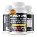 San Giovanni Wort Rhodiola Rosea Ashwagandha Santo Basilio Valeriano Camomilla Nero Pepe -150 Capsules- Made in Italy