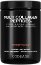 Codeage Multi Collagen Peptides Powder + Probiotics Black Edition, Vitamina C, Integratore di polvere di acido ialuronico, Grass-Fed, Idrolizzato, Carbi Zero, Tipo I, II, III, V & X, Unflavored, 10.58oz