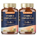13-in-1 Vitamina B Complex Plus con Vitamina B1, B2, B3 (Niacina), B4, B5, B6, B7 (Biotina), B8 (Inositolo), B9 (Folato), B12, C, D3, K2 per l'energia, Nerve, Immune, Pelle - 120 Caps per bottiglia - 2 Bottiglie