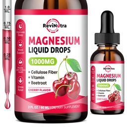 Magnesio Glycinate Liquid Drops, 1000mg Magnesio Glycinate, Citrate & Taurate con Fibra, Beetroot, Vitamina B & C per il sonno, Calma, Muscolo, Energia & Relax, 2 Fl Oz, Zucchero-Free Cherry Flavor