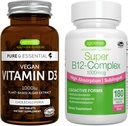 Vegan Vitamin D3 + Super B12-Complex, Vegan Bundle, 365 1000iu Vitamin D3 Compresse + Alto assorbimento Sublingual B12, di Igennus