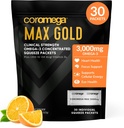Coromega MAX Oro 3000mg Omega-3 Fish Oil + Vitamina D Squeeze Packets, Wild-Caught, No Fishy Taste - 3X Migliore assorbimento di Softgels, Supporta la salute del cervello e del cuore (30 Serve, Aroma arancione)