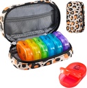 Serfeymi Organizzatore di viaggio settimanale 2 volte al giorno AM Aggiornato Rainbow Pill Box 7 giorno con custodia portatile in pelle PU cerniera, organizzatore di medicina per pillole, vitamine, oli di pesce - marrone 02