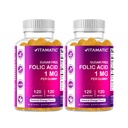 Vitamatic Folic Acid Gummies 1000 mcg (1 mg) – Vitamina Prenatale Essenziale B9 per Mamma & Baby – 120 Vegan Gummies per Bottiglia – 2 Pack