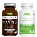 Vitamina giornaliera D3 + Ashwagandha+ L-teanina & Magnesio Bundle vegetariano, 365 2000iu Vitamina D3 Compresse + 600mg KSM-66 Ashwagandha con Zinc & B Vitamine, di Igennus