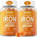 Iron Gummies + Turmeric 600mg per uomini donne, Ferro da stiro Supplemento con Multivitaminici C, A, B-Complex, Folate, Zinco per carenza di ferro, Anemia ed energia, Gentle, Non-Constipante, Masticabile, Vegan, 2 Pack