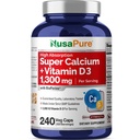 NusaPure Super Calcium 1300mg, Vitamina D3-240 Veggie Caps (Non OGM, Soyfree, Bioperine)