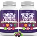 Resveratrolo, Berberina, Estratto di semi di uva, Quercetina, Supplemento di polifenolo per le donne e gli uomini con Estratto di noni, Cisteina N-Acetil, Estratto di Acai - 2-Pack