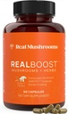 Real Mushrooms RealBoost Capsules – Cordyceps Mushroom, Panax Ginseng & Guayusa Extract – per il benessere generale & Energy Support – Vegan, Non OGM, No Fillers – 60 Count Mushroom Supplement Blend