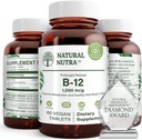 Vitamina di Nutra naturale B12 1000 mcg, Cobalamin B 12 Supplemento, Fosfato di calcio, Aiuto nella salute del metabolismo, Supporta il sistema nervoso, Assorbimento ottimale, Senza glutine, Senza zucchero, 60 compresse vegane