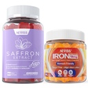 1Pack Saffron Supplemento Gummies 100% puro Zafferano Estratto intero di erbe Gummies + 2P Vegan Iron Gummies Supplemento con vitamina C, B12, Folate e curcuma