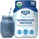 Polvere proteica a base di piante KOS, Muffin di mirtillo - Superfood di proteine di pea organica con Spirulina e miscela di supporto immunitario. Soia, Gluten, Latticini Free - Vegan Meal Sostituzione per Donne & Uomini - 15 Serve