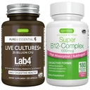 Cultura dal vivo+ Lab4 Probiotici + Super B12-Complex, Vegan Bundle, 25 miliardi di CFU Lactobacillus Acidophilus e Bifidobacterium + Alto assorbimento Sublingual B12, di Igennus