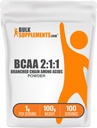 BulkSupplements.com BCAA 2:1:1:1 Polvere - Aminoacidi a catena ramificata, Polvere di aminoacidi BCAAs - senza glutine e senza glutine, 1g per porzione, 100g (3,5 oz) (pacchetto di 1)