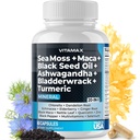 Sea Moss Maca Black Seed Oil Ashwagandha Bladderwrack Turmeric - Manuka Honey, Elderberry, Vitamina C & D3, Dandelion & Black Pepper - Non-GMO - Vegan - Made in USA - 60ct