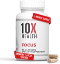 10X Health Focus Rhodiola Rosea - Integratori del cervello per la memoria e la messa a fuoco - 60 capsule Focus Supplement, Integratore di memoria per la salute del cervello con Ginkgo Biloba, Huperzine A - Ginkgo Biloba Capsule