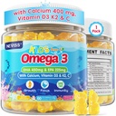 Bambini Omega 3 Gummies + Calcio 400mg + Vitamina D3 K2 + C, Omega-3 DHA & EPA Supplemento - No Fish Burps, No Sugar - Bambini & adolescenti Omḛga 3 + Multivitamin Gummy per le ossa forti, cervello, immunitario, occhio, 60Cts