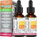 (2 Confezione) Vitamina organica D3 K2 Gocce 5000 UI con Olio MCT Omega 3 - Liquido di Forza Massima D3 con Senza Filler, Non OGM per Assorbimento Più Veloce, Supporto Immune (Strawberry, 2 Fl Oz)