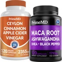 5-in-1 Ceylon Cinnamon w Aceto di sidro di mele, Turmerico, & Ginseng Root (120ct) & 6-in-1 Maca radice Ashwagandha w DHEA & Black Pepper Fruit (120ct) Bundle - Energy, Mood, & Immune Support Supplemento