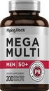 Piping Rock Multivitamin per gli uomini oltre 50+ | 200 Caplets | Mega 50 Plus Daily Multimineral | con Magnesio, Calcio, Zinc | Non OGM, Gluten Free Supplement