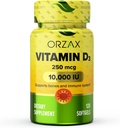 ORZAX Vitamina D3 10000 iu (250 mcg) – Non OGM, Gluten Free, Sugar Free, Dairy Free – Alimentazione 120-Day per una forte funzione muscolare e supporto immunitario – Integratore per il benessere (120 Softgel)