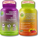 Bone & Immune Support Bundle – Liposomal Vitamin C 1100mg Liquid Gel arricchito con Acerola Cherry & Plant-Based Calcium (da Aquamin®), Magnesium, Zinc, D3, K2 + Turmeric – Clean Wellness Support