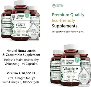Naturale Nutra Lutein e Zeaxanthin Supplemento Soia Libero, 20 mg - 60 capsule e vitamina A 10.000 UI, aiuta a mantenere la visione sana con Omega 3, 100 Gluten Free Softgels