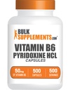 BulkSupplements.com Vitamina B6 Capsule - Pyridoxine HCl, Vitamina B6 50mg - 1 Capsule per Serving, 500 Capsule (Pack of 1)