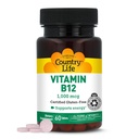 Integratore di vitamina B12 di vita di paese - Essenziale per la funzione del cervello, la salute del nervo, le cellule di sangue rosse - Ideale per la prevenzione dell'anemia - Vitamina vegana B, 1000 mcg - Senza glutine, 60 compresse