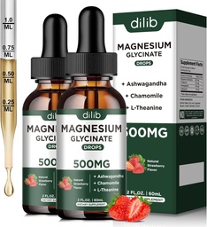 Magnesio Glycinate Liquid Drops Supplemento, con Magnesio Glycinate 500mg Ashwagandha, L - Theanine, Camomilla - Support Stress Relief, Bone, Muscolo, Mood Strawberry Flavor 2Pack