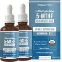 L Methyl Folate 15mg Plus Methyl B12 Cofactor – Organic, Berry Flavor, Professional Strength, Liquid Sublingual, Active 5-MTHF Form - Supporta Mood, Homocysteine Methylation, Cognition (1oz -2 Pack)