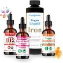LIQUIDHEALTH Vegan Daily Essentials Vitamin Starter Kit con Methyl B12 Gocce, Vegan Liquid Collagen + Biotin, Liquid Iron, Vitamina D3 Gocce - 100% Integratori di Vitamina Basata, Made in USA