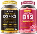 NEVISS 2Pack Vitamin D3 5000iu & K2(come MK7) 200mcg Gummies + 600mg Calcium + 1 Pack Liposomal Methyl B12 5000 mcg/10000 mcg